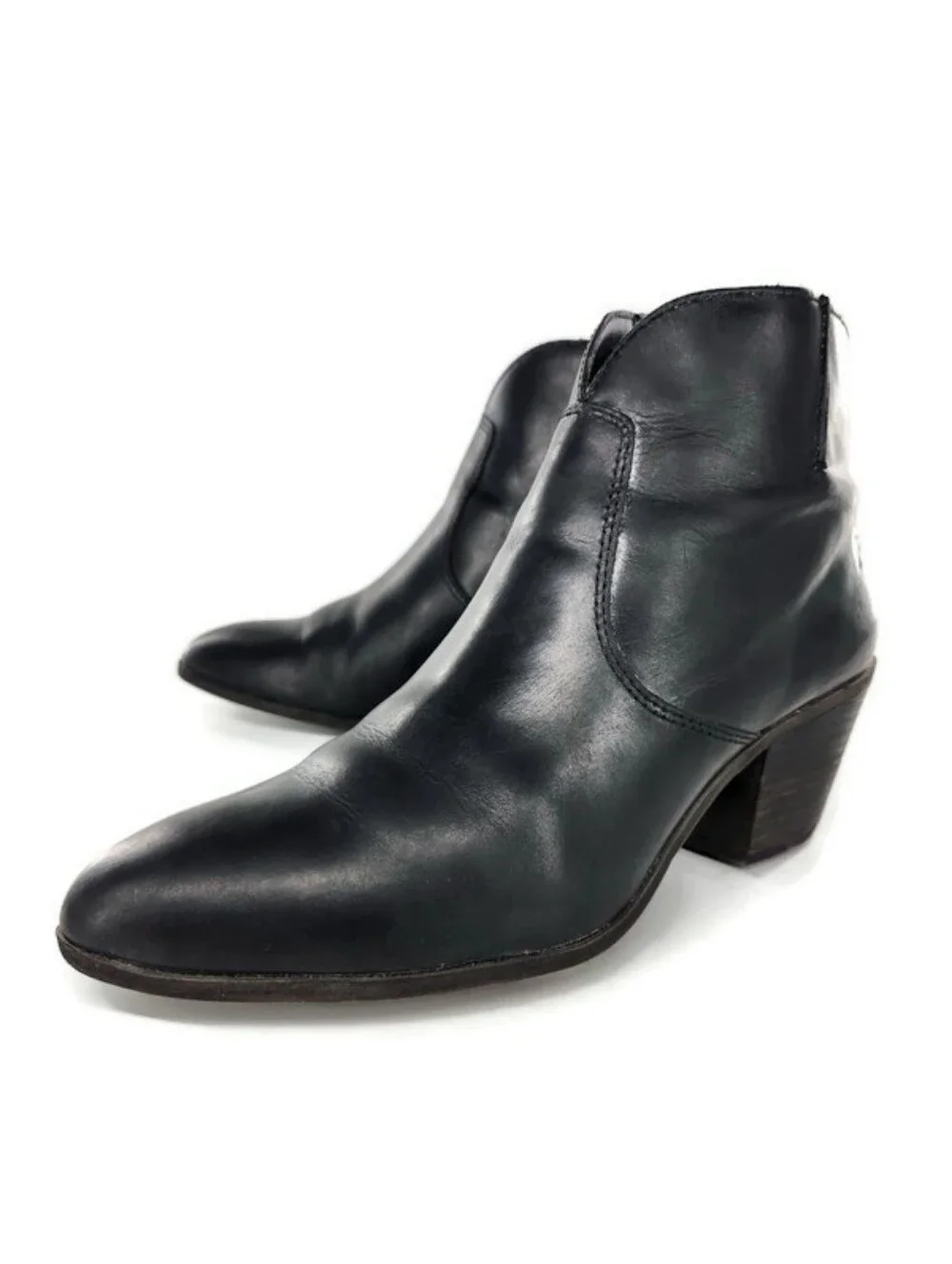Frye Jennifer Black Leather Almond-Toe Pull-On Side-Zip Block Heel Ankle Booties